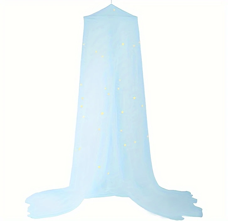 glow in the dark starry bed canopy no power needed soft polyester fabric with illuminated star patterns iron wire bracket lightweight machine washable cozy bedroom ambiance in blue or white mosquito net round semitransparent material details 4