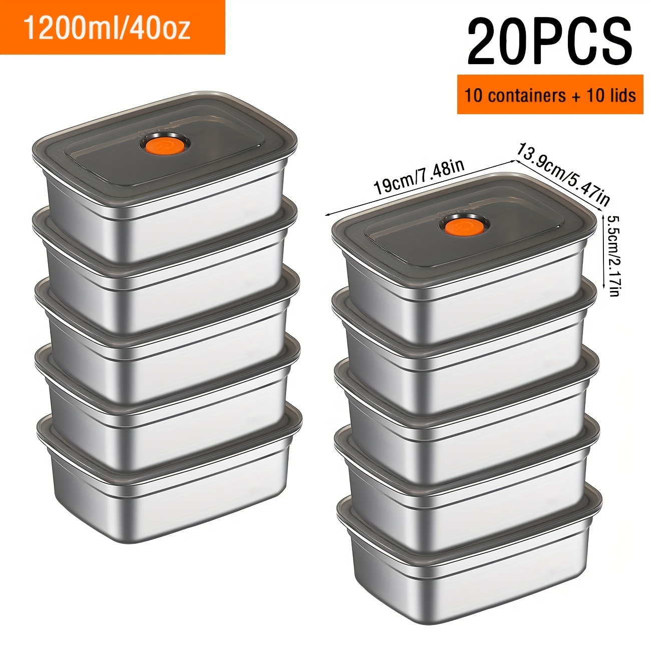 E-shop 20 Edelstahl-Lebensmittelbehälter mit luftdichten Deckeln (10 Behälter + 10 Deckel), Edelstahl-Lebensmittelaufbewahrung für Mittagessen,