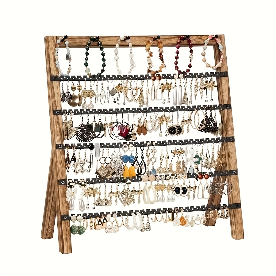 1pc 140 hole 5 tier wooden jewelry tower earring organizer stand with hook and loop closure multipurpose display rack for earrings earstuds and bracelets   0