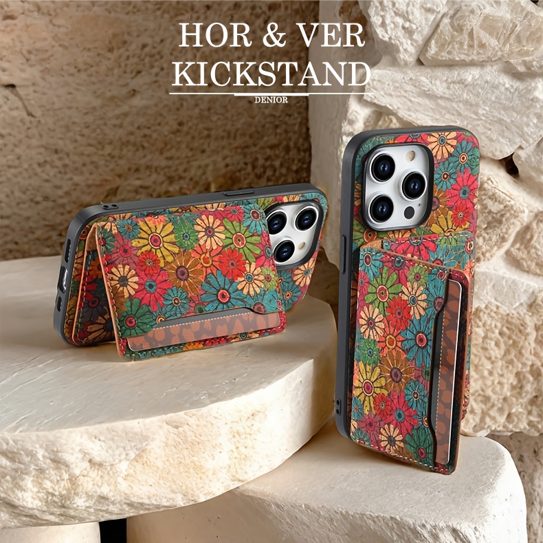 DENIOR Wooden Phonecase for iPhone 15/ 14/ 13/ 12 Series Case, with Glue Kickstand And Card Holder 3 Card Slots Can Insert 3-5 Cards Shockproof Protection, Turquoise And Red Flowers, Cork Wooden