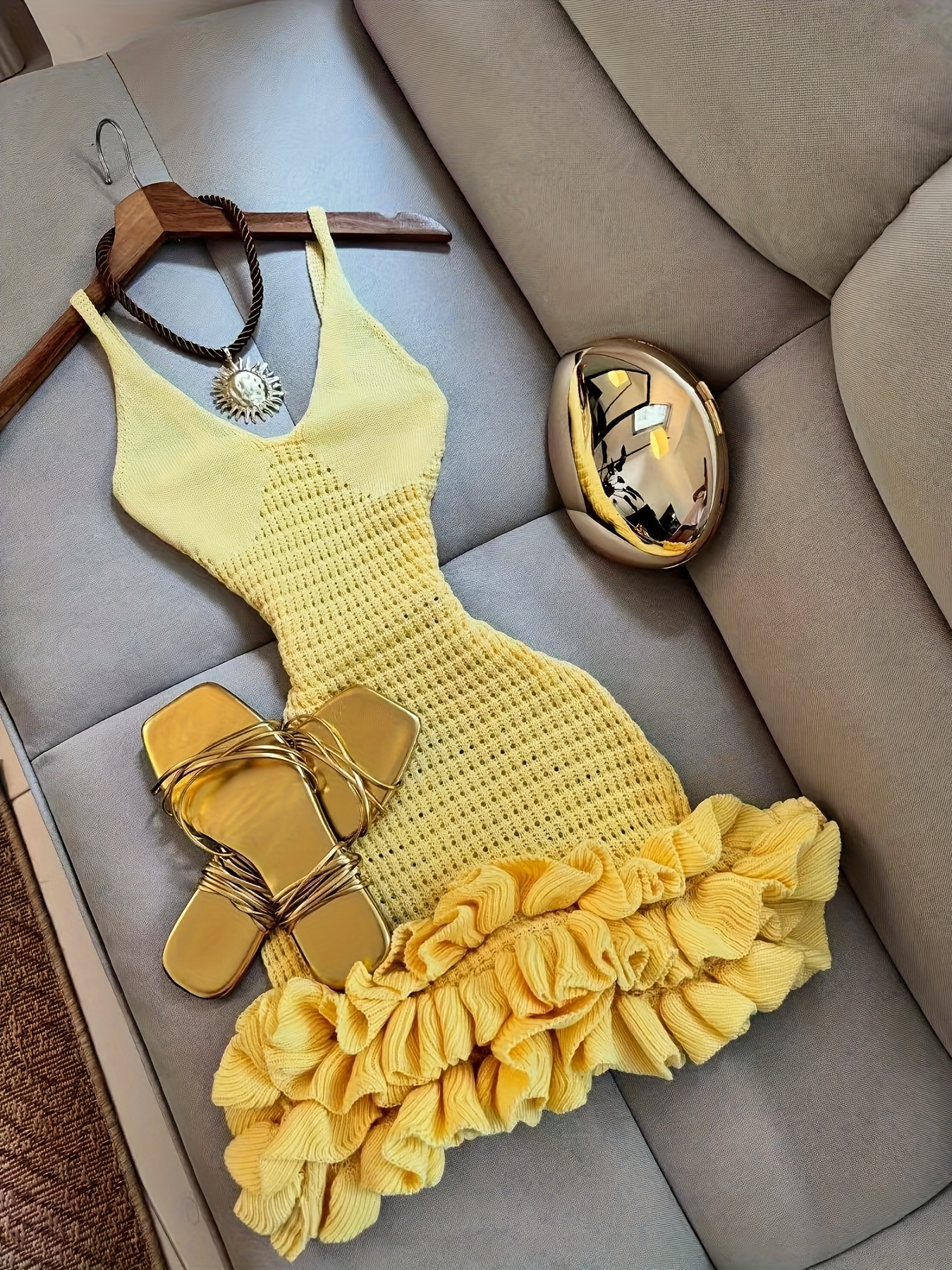 summer new womens yellow hollow suspender dress short   hip wrap skirt spicy style vacation party dating outfit 1pc backless   fit and fair skinned excluding additions