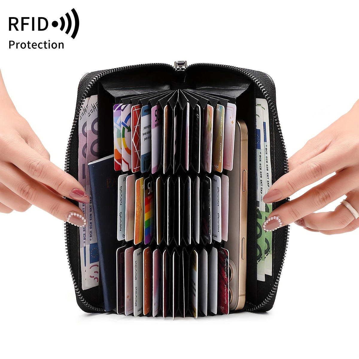 MIYIN Women's Wallet, Vintage PU Long RFID Blocking Large Capacity, 36 Card Slots & Zipper Pocket, Accordion Clutch with Wrist Strap, for Business / Credit Card Organizer