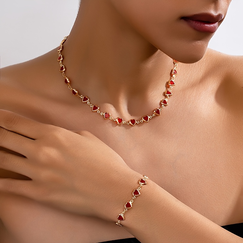 TEMU 2pcs Set, Fashionable French-, Simple Metal Red Heart-shaped Women's Bracelet And Necklace Jewelry Set