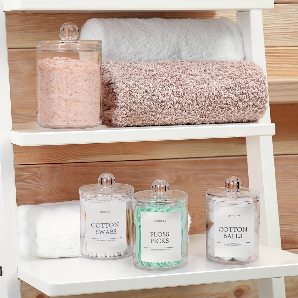 Juego de 4 cajas de almacenamiento para accesorios de baño, soporte para palillos de dientes y hilo dental, caja de almacenamiento para hisopos, contenedor para bolas de algodón, clips para papelería, frascos de plástico transparente para medicamentos, frascos de almacenamiento para baño, almacenamiento de cosméticos, organizador de joyas