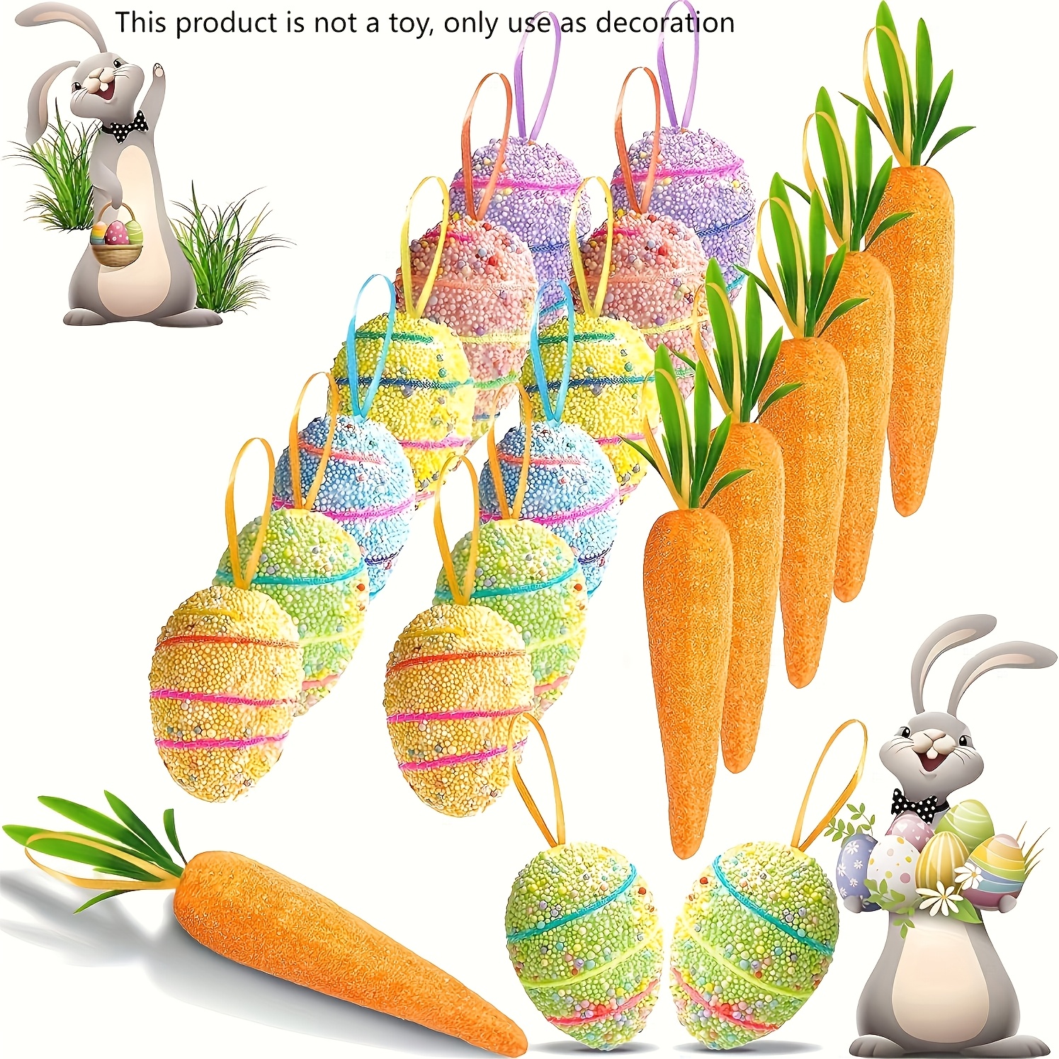 

18 Pack Easter Egg Ornaments Easter Foam Easter Hanging Egg Ornaments Glitter Artificial Carrots For Easter Tree Decorations