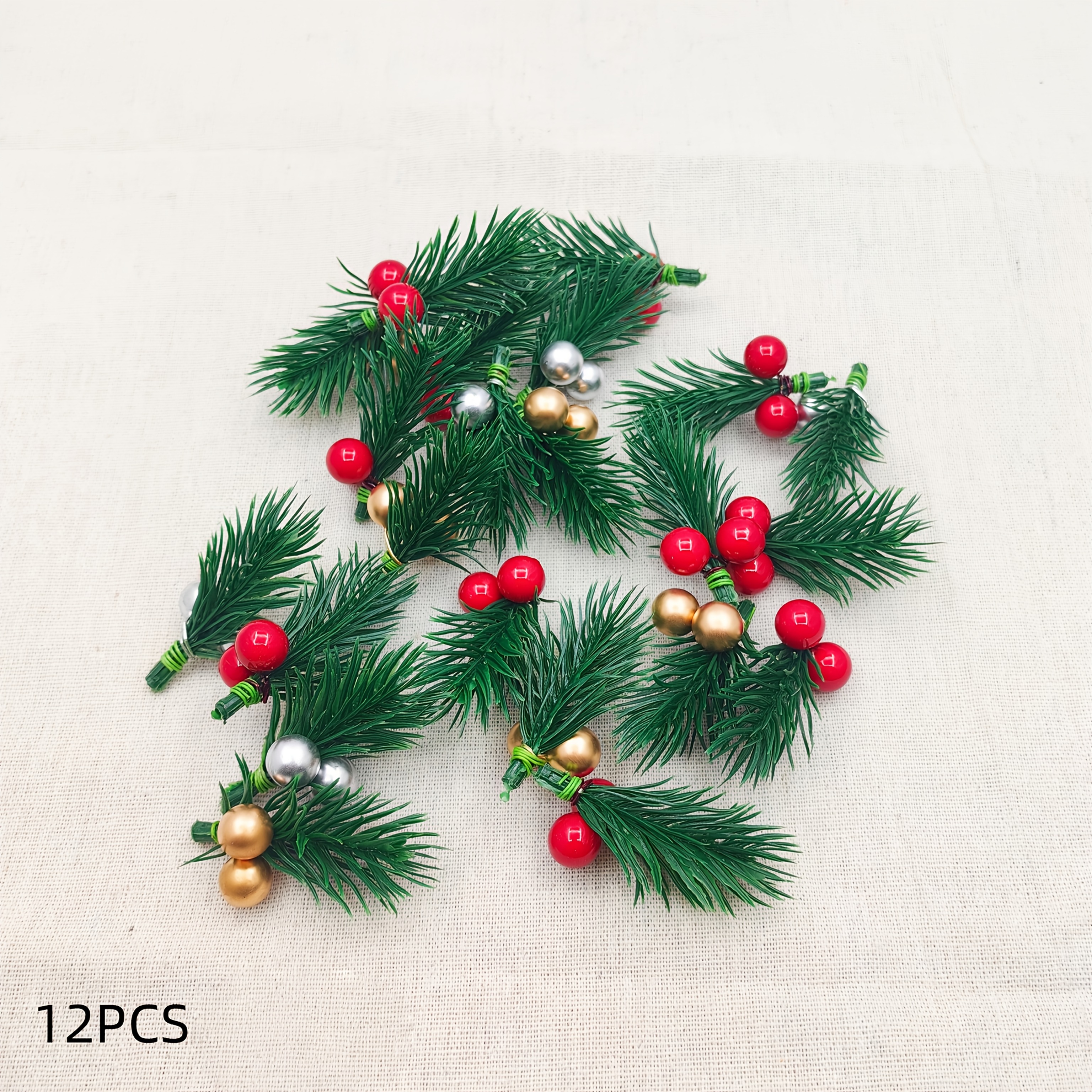 Image of 12pcs Of Artificial Mini Christmas Pine Branches With And Plastic Holiday Flowers, Suitable For Diy Handicrafts, Christmas Gift Box Decoration And Party Supplies Random Colors