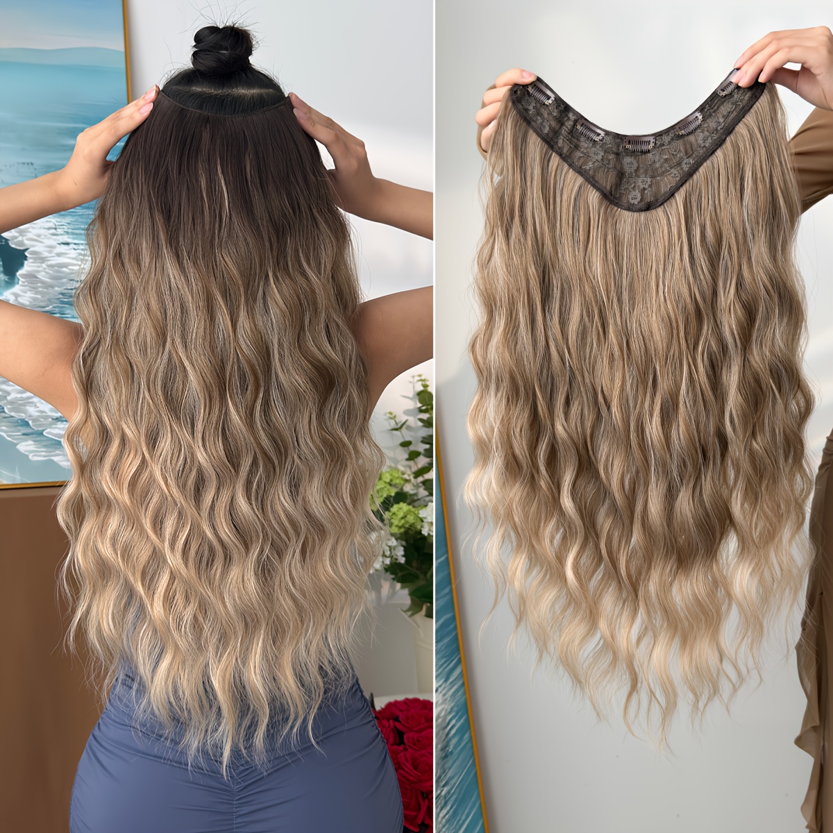 TEMU Extensions de cheveux à clips en V dégradé, longueur de 24 pouces, d'eau, fibre synthétique résistante à la chaleur, postiche pour femme, pour