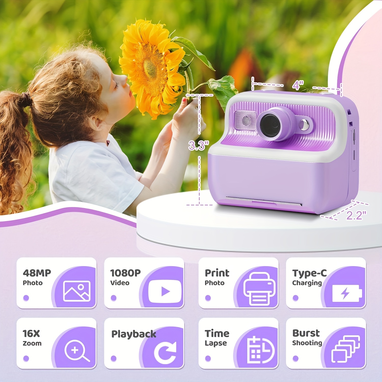 Appareil Photo Instantané Enfant - Écran 2,4 Pouces - Impression Sans Encre - Cadeau 3-12 Ans - Violet