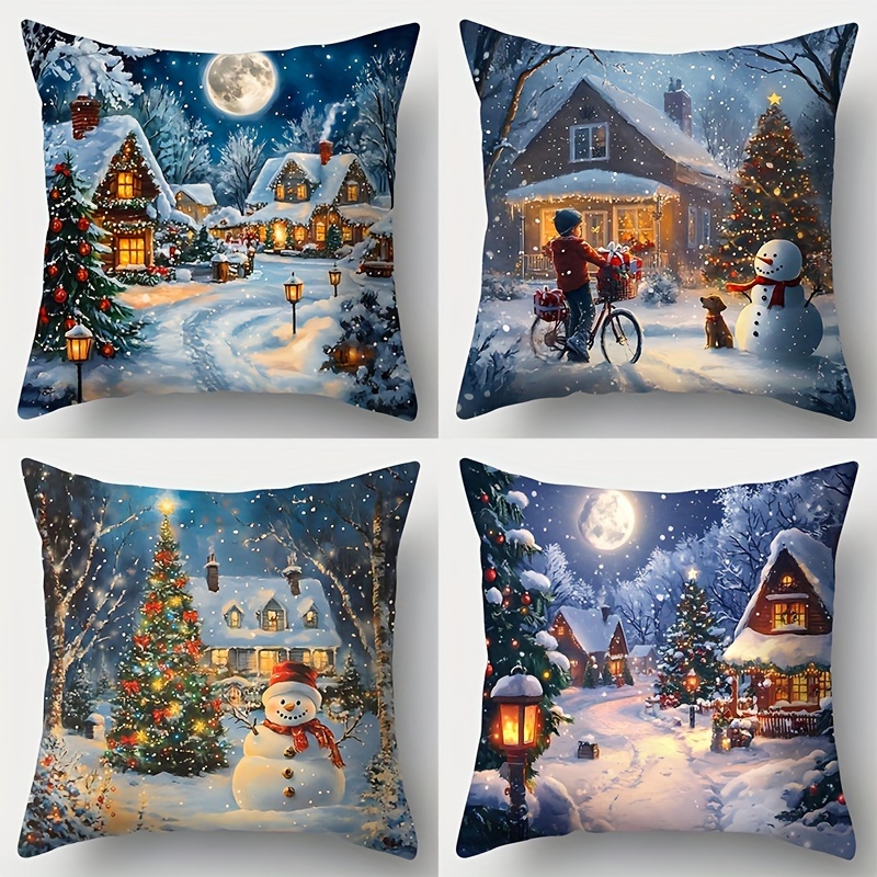 

4pcs Set, Christmas Snow Scene, Scene Pillowcase, Christmas Pillowcase, 17.7 Inches * 17.7 Inches, Single-sided Printing, Christmas Decoration, Sofa Pillowcase, Pillowcase Without Pillow