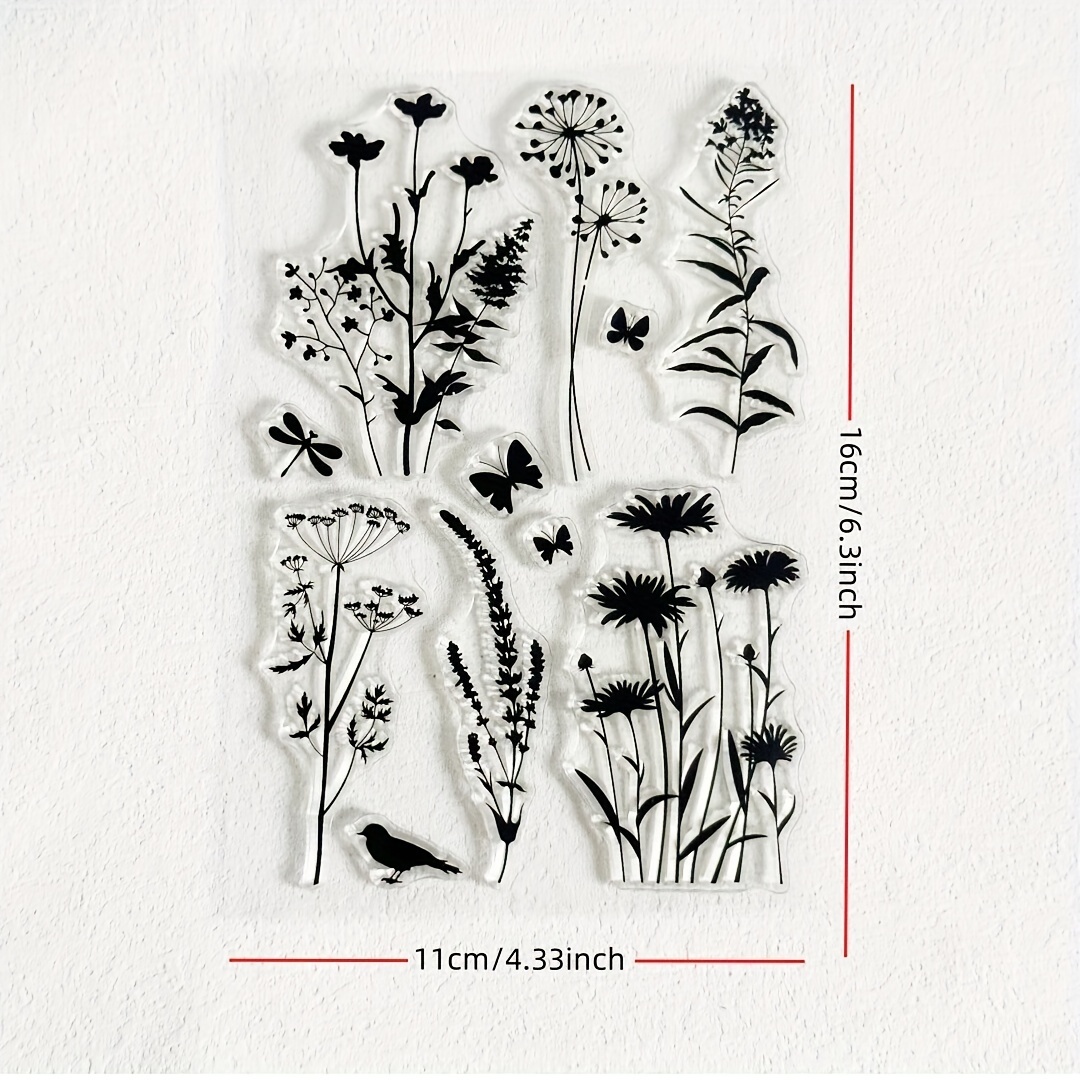 Image of 1pc Plant Silhouette Transparent Stamp, Flower Leaf Transparent Stamp, Daisy Lavender Rubber Stamp For Scrapbooking, Journaling, And Card Making