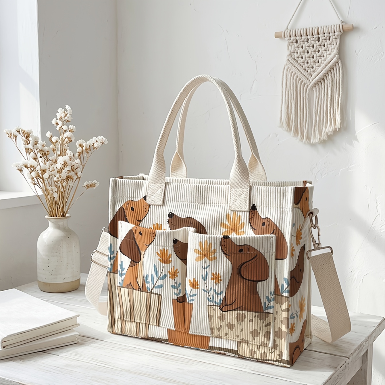 TEMU 1pc, Women's Crossbody Bag, Dachshund And Floral 2d Print, Corduroy With Multiple Pockets, Dual-use As Handbag/crossbody | Essential For Daily
