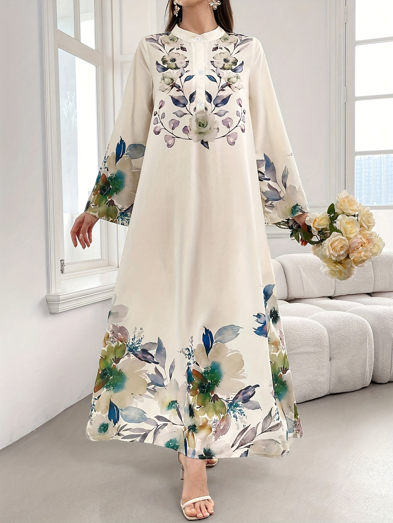 Directional [ZD010599] Middle * Spring Summer New Floral Print Scattered  Flowers Long Sleeve Round Neck Button-Up Abaya Robe Dress Women'* * Elegant  Luxurious Vacation Loose Vacation Casual Daily ...