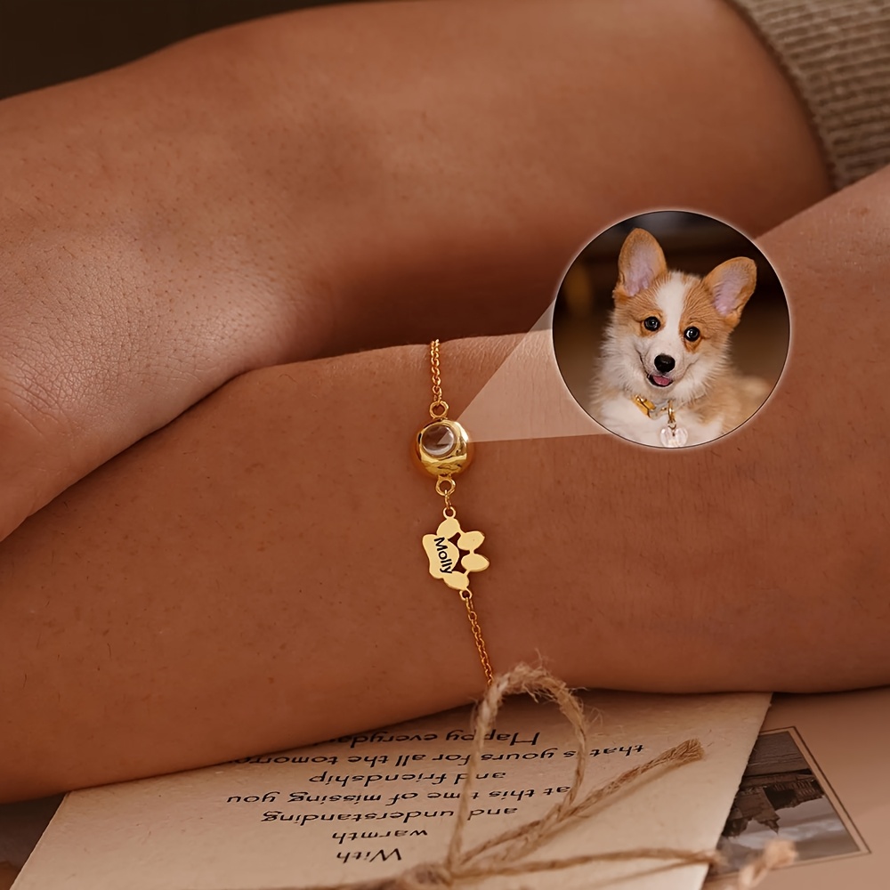 TEMU Customized Photos Stainless Steel Projection Bracelet With Personalized , Names, And Of Your Pet Dog Or Cat Delicate, Adjustable Chain Bracelet,