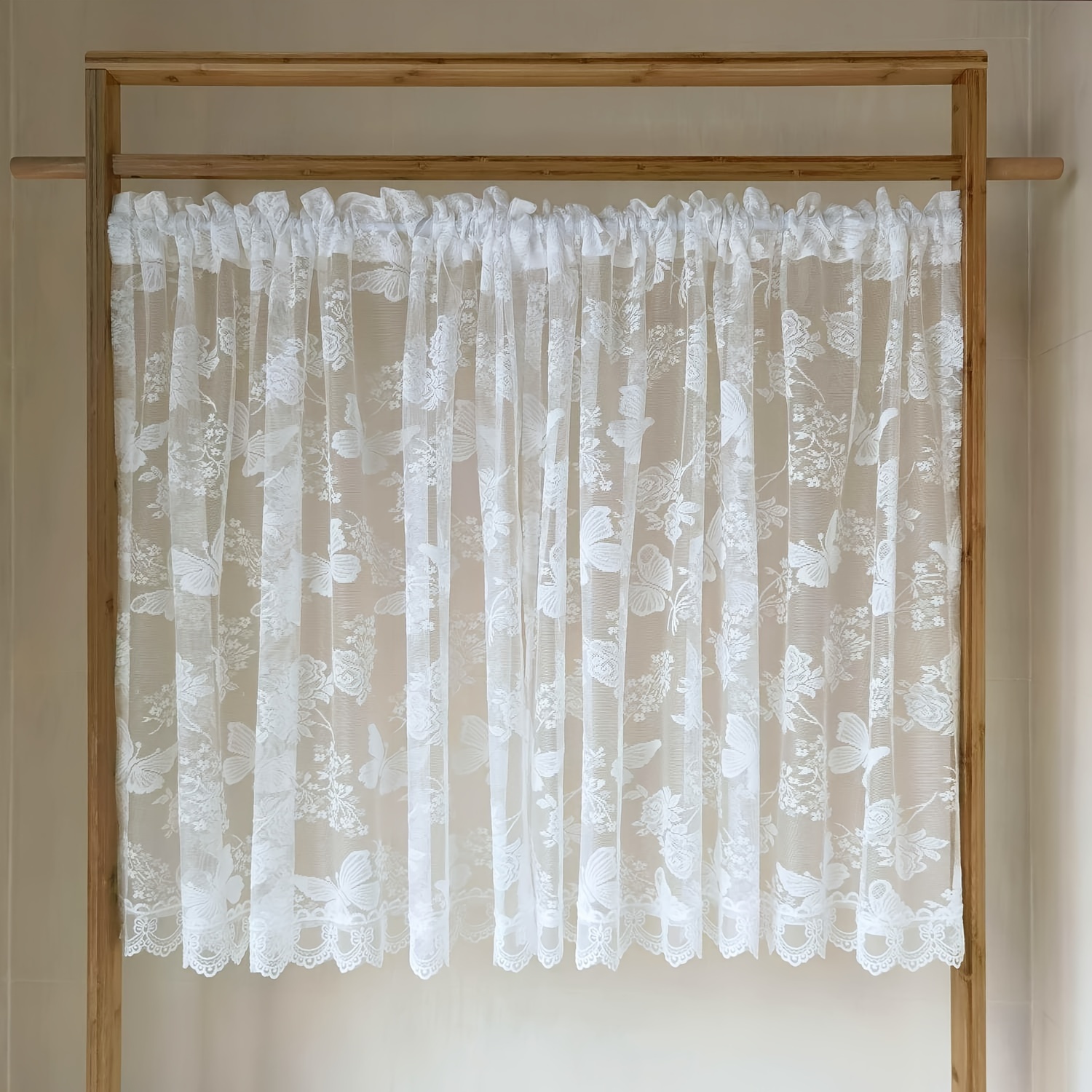 Image of 2pcs Gxi Romantic Rose & Lace Sheer Cafe Curtains, White Transparent Fine Weave, Lightweight With Rod , Ideal For Kitchen, Living Room, Bedroom - No Cluded Straps, 96gsm, Curtains For Living Room