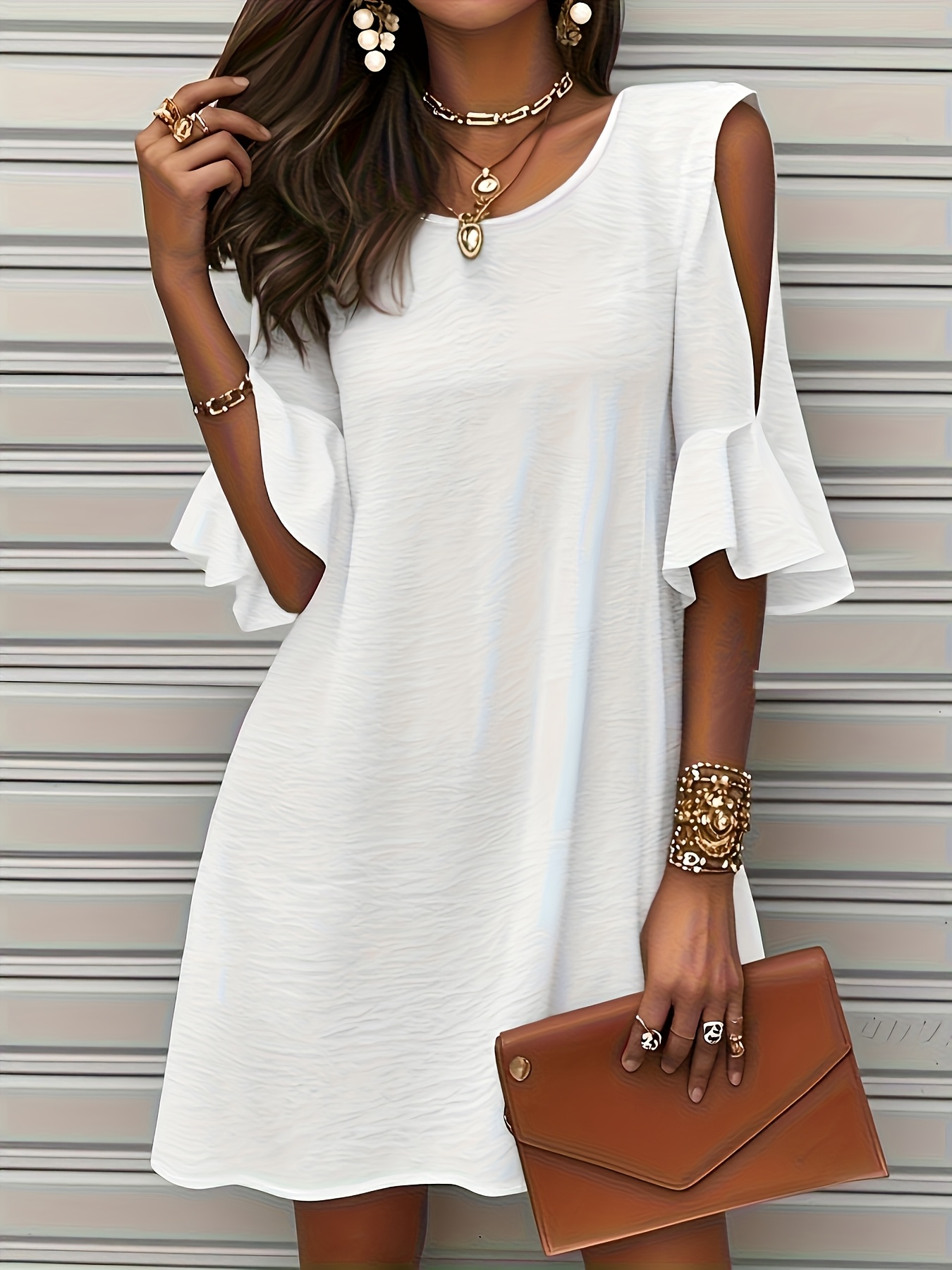women's elegant -shoulder dress with pearl necklace detail - hem,  sleeveless, spring/summer events, formal attire| hem dress|pearl necklace  detail, plus size dress - women's clothing