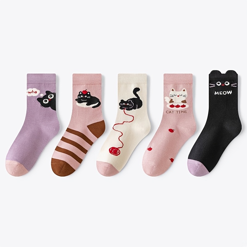 TEMU 5 Pairs Girls Socks Cute Cartoon Cat Stripes Pattern Comfortable Breathable Kids Baby Socks For , Fall And Winter Clothes
