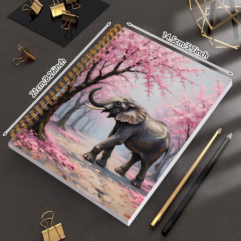 TEMU Elephant And Cherry Oil Painting A5 Spiral Notebook, Size 21×14.5cm, 24-hole Binding, 50 Sheets 100 Pages, Office And Classroom Notes, Meeting