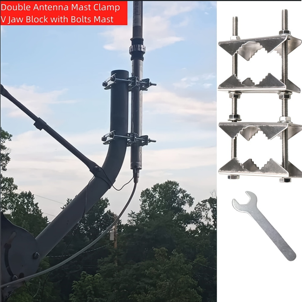 Double Antenna Mast Clamp V Jaw Block with Bolts Mast to Mast Clamp,Patio Umbrella Holder Heavy Duty Pole to Pole Mounting Bracket for WiFi Cellular
