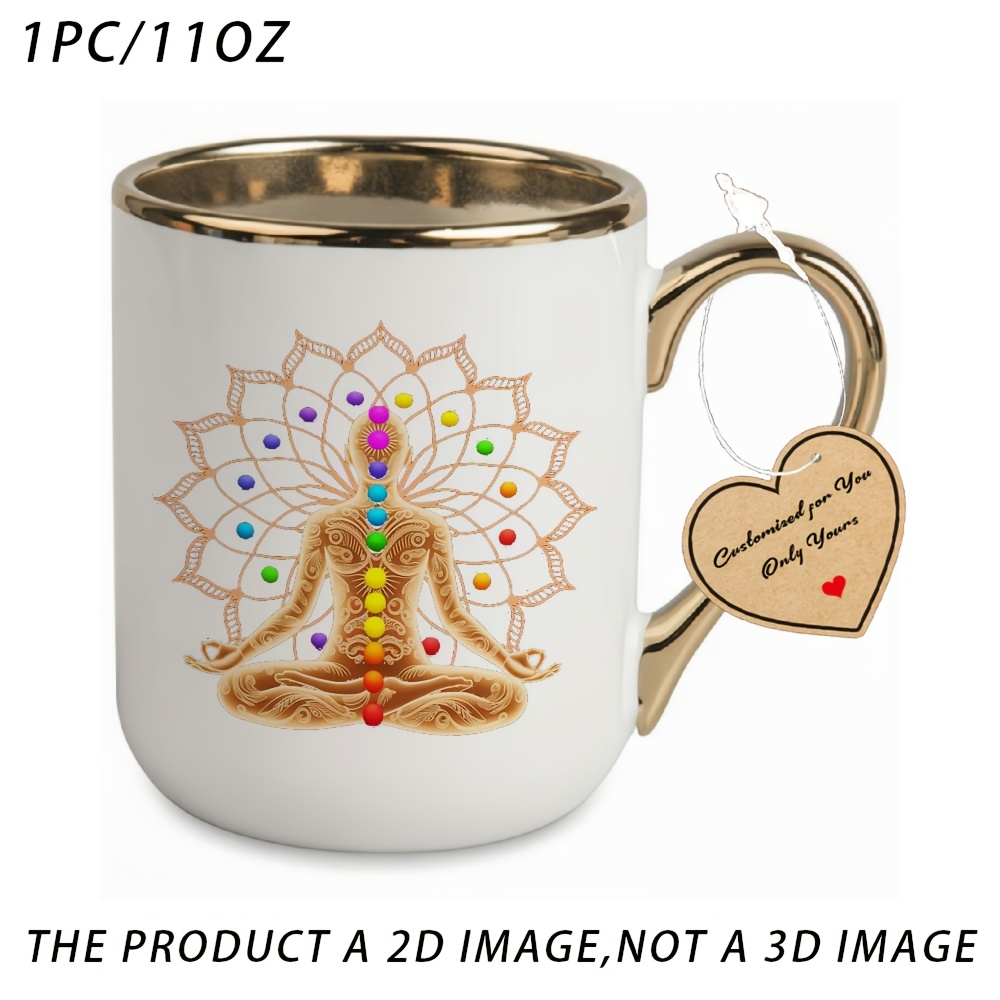 TEMU 1pc Yoga Chakras Mandala Mug - Elegant White Ceramic Coffee Cup With Chakra Symbols, 11oz Suitable For Office,, Wedding Gifts, , Mandala Tea Cup