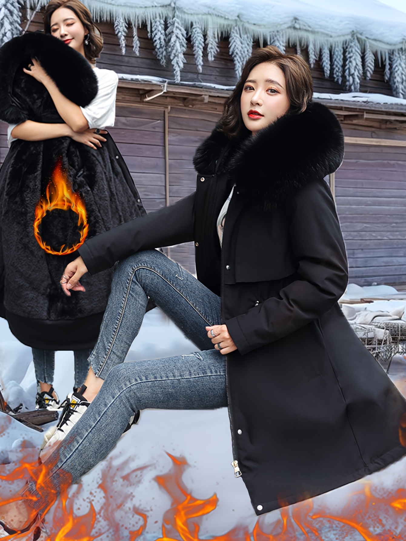 parka chaude à manches longues à couleur femme doublée Temu Canada