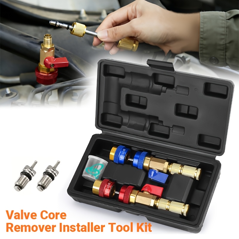 Valve core remover installer tool kit used on automotive AC service port