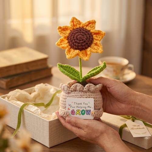 handmade crochet sunflower potted plant cute desk decor gift for teacher friend soft knit flower in pot appreciation gift for graduation birthday room decoration