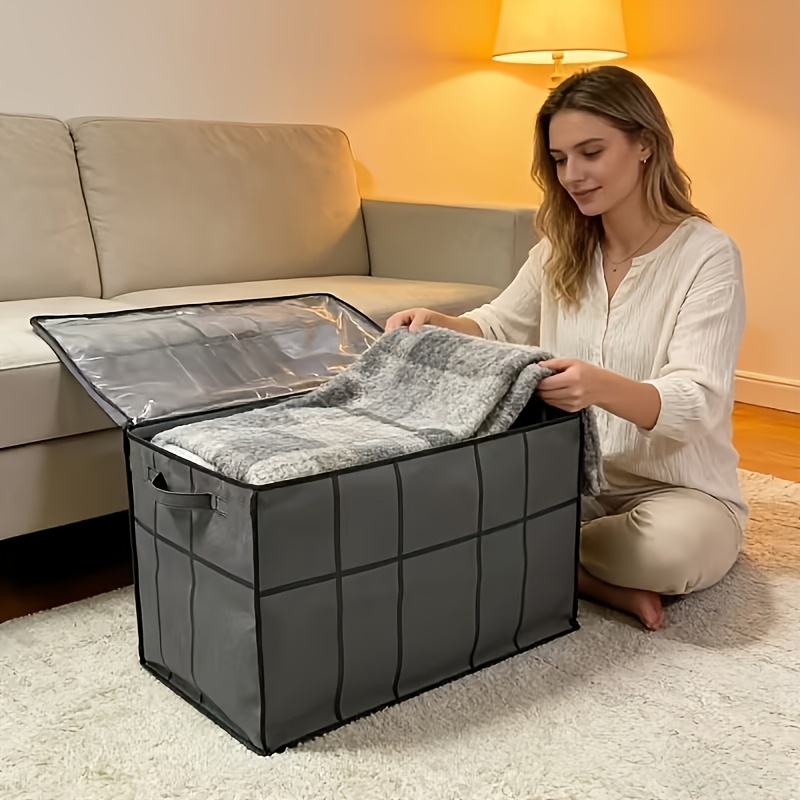 TEMU 1pc Extra-large Capacity Zippered Storage Box, Large Gray , Suitable For Clothes, Bedding, Luggage, And Travel Storage Bags | Space- Design,