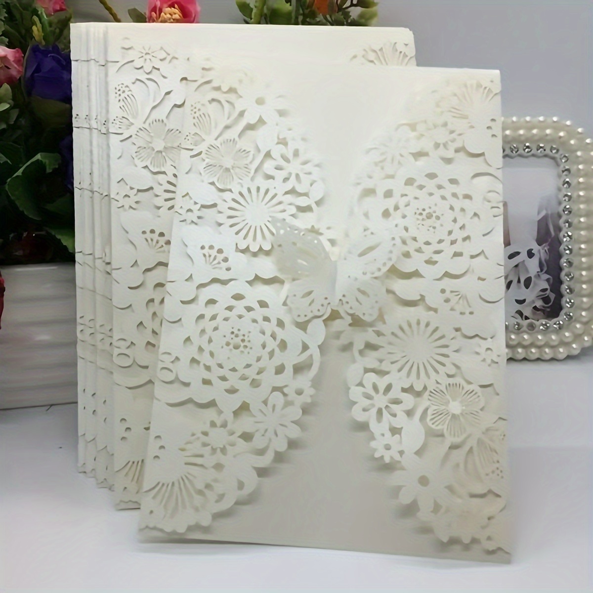 

10-pack Elegant Laser-cut Floral & Butterfly Invitation Cards For Adult Birthdays, Engagements, Weddings - Pearlescent Paper, No Envelopes Included