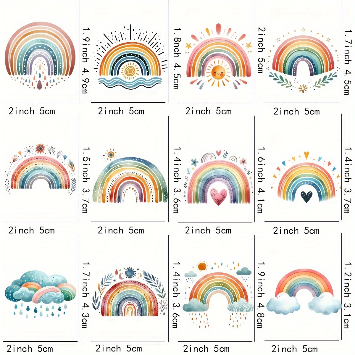 12-pack Rainbow Uv Transfer Decorative Sticker Set, Diy Self-adhesive Paper Wraps For Glass Bottles, Mugs - Water-resistant And Decal Sheets For Crafting And Decorating Cups