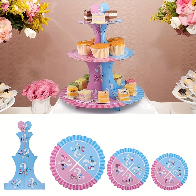 

1pc Gender Reveal Cupcake Stand, Blue And Pink 3 Tier Gender Reveal Cupcake Toppers Tower, Cardboard Supplies For Boy Or Girl Gender Reveal Theme Party, Birthday Party Supplies