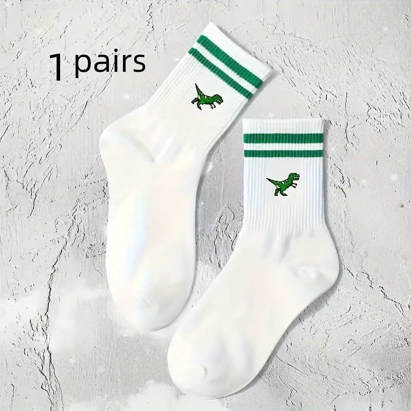 A Pair Of Unisex Cartoon Dinosaur Mid-calf Socks For Spring And Autumn
