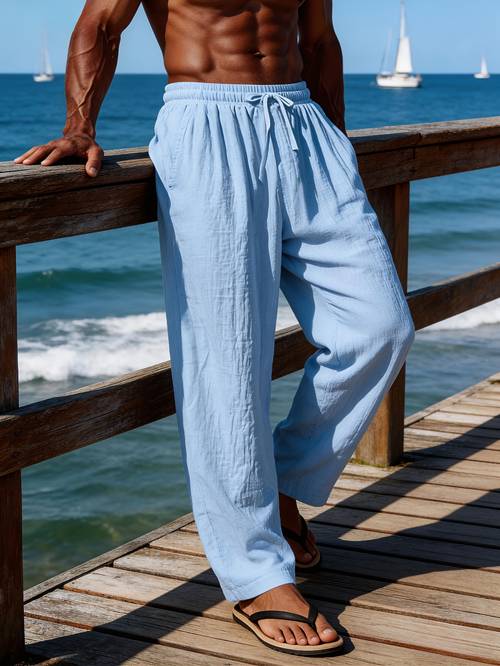 shui obm mens loose fitting jogging pants woven linen solid color straight leg pants casual light business trousers breathable beach pants with drawstring and suitable for daily wear and outdoor sports