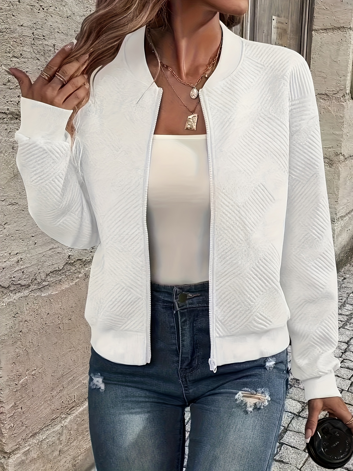new fashionable solid color zipper jacket with baseball collar casual womens outerwear