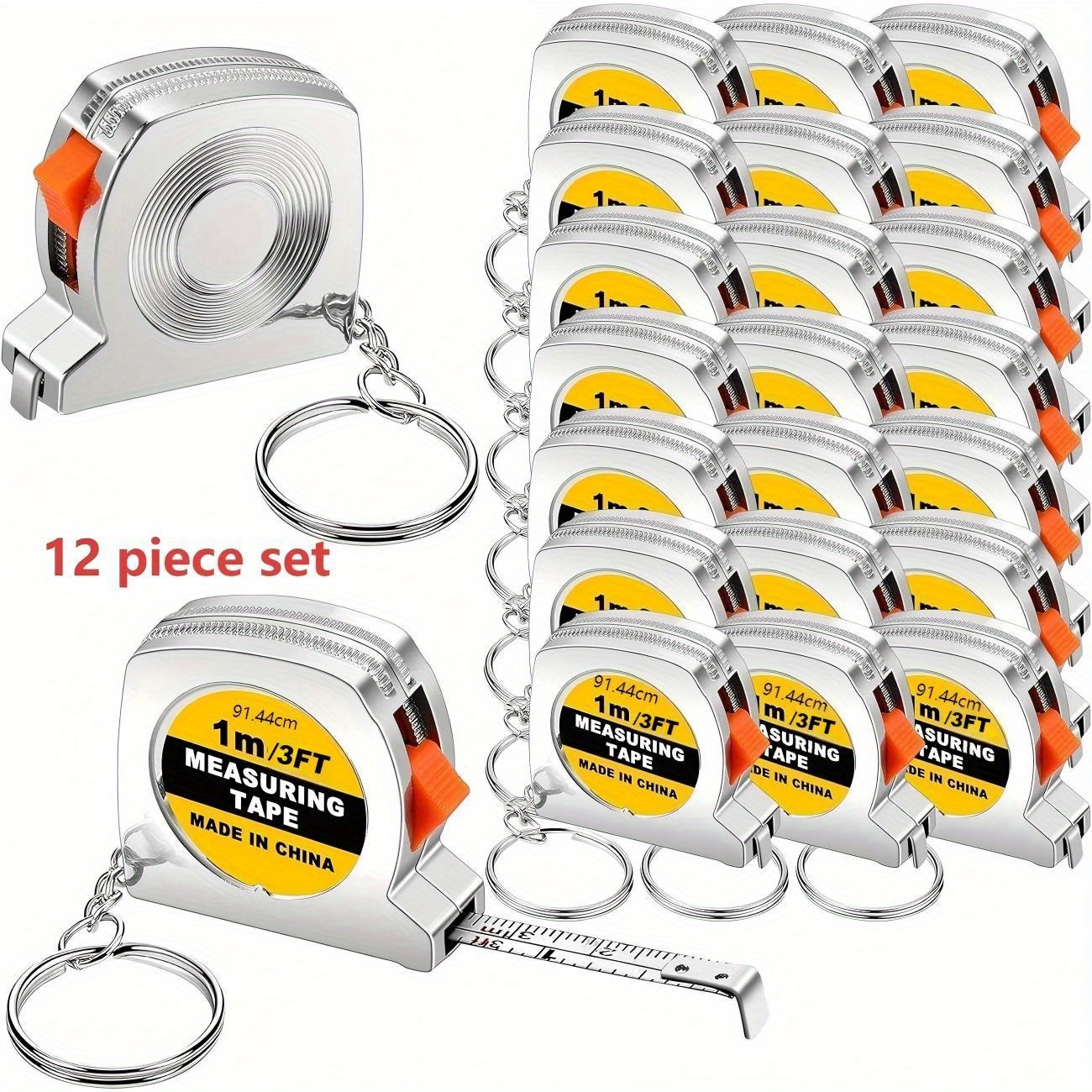 TEMU 12pcs Set - 3-foot Mini Tape Measure Keychain Silver Portable Extendable Small Tape Measure With Slide Lock, Ideal For Construction Parties, School, Office,, Daily Use