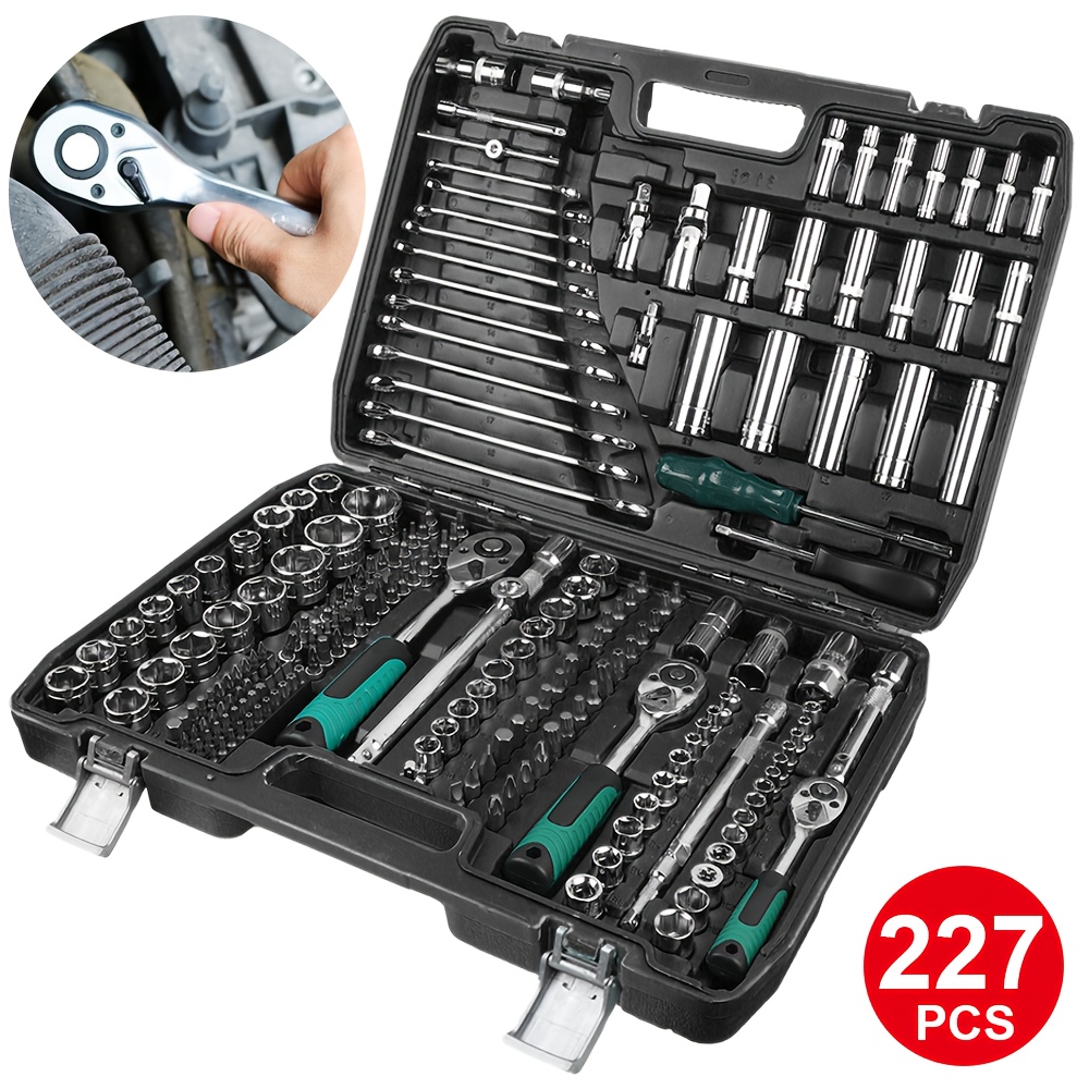 E-shop 227-teiliges Steckschlüssel-Set | Robustes Kohlenstoffstahl, Verlängerte Griffe, Nicht elektrisch, Geeignet für Autoreparatur und Industrielle