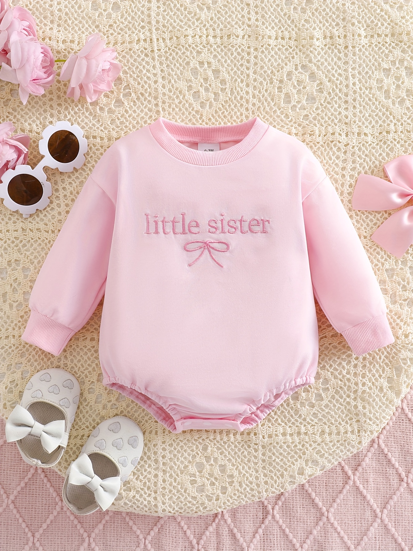 girls spring/autumn long sleeve little sister embroidered romper - soft pink ribbed knit jumpsuit with bow detail, casual outfit for toddlers,   casual attire, spring toddler wear |   design |  , little sister outfit, for outdoor 0