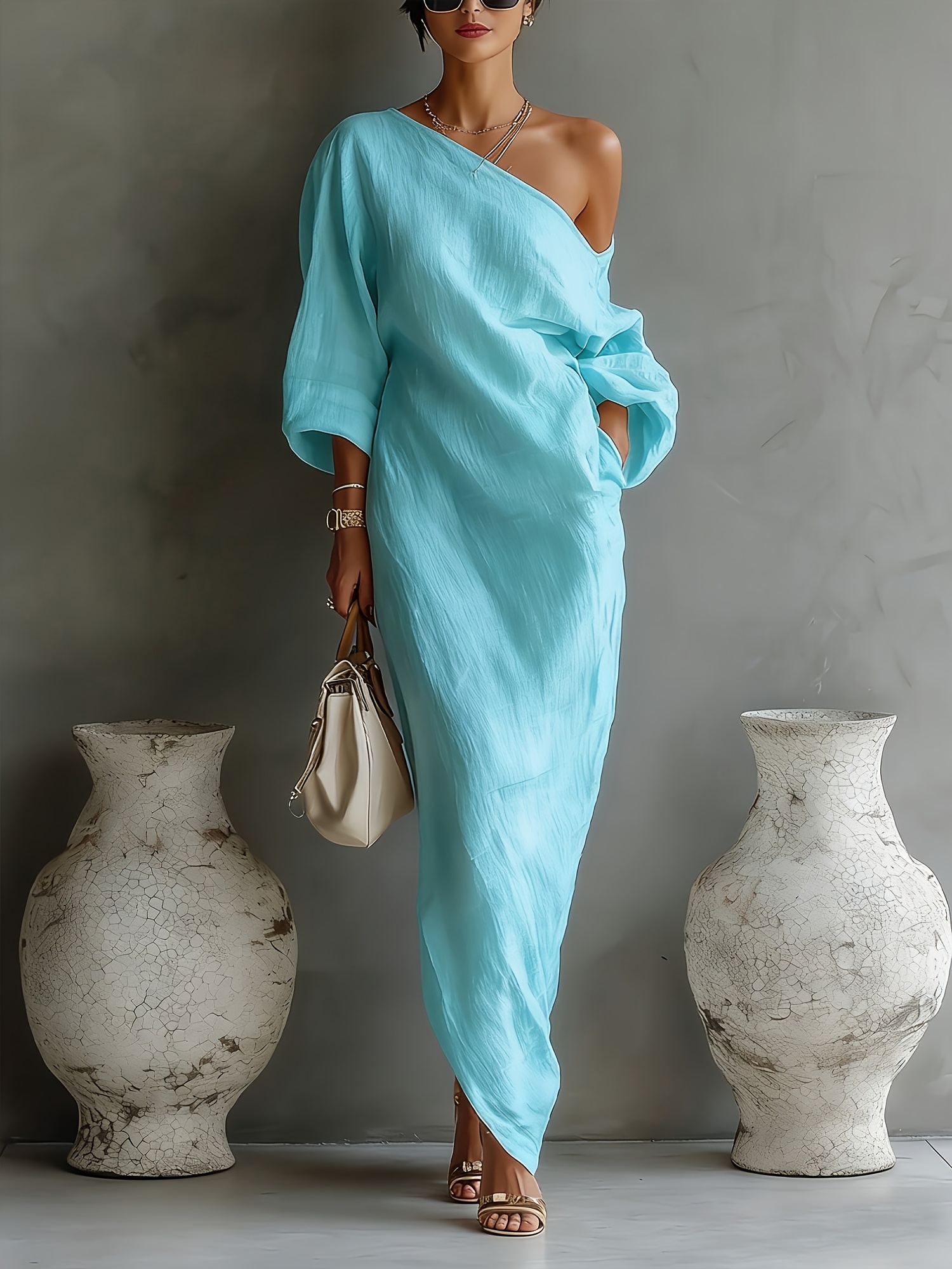 Solid Color * One-Shoulder Collar Summer * Fairy Dress Seaside Loose Lazy  Comfortable Irregular Hem Party Dress
