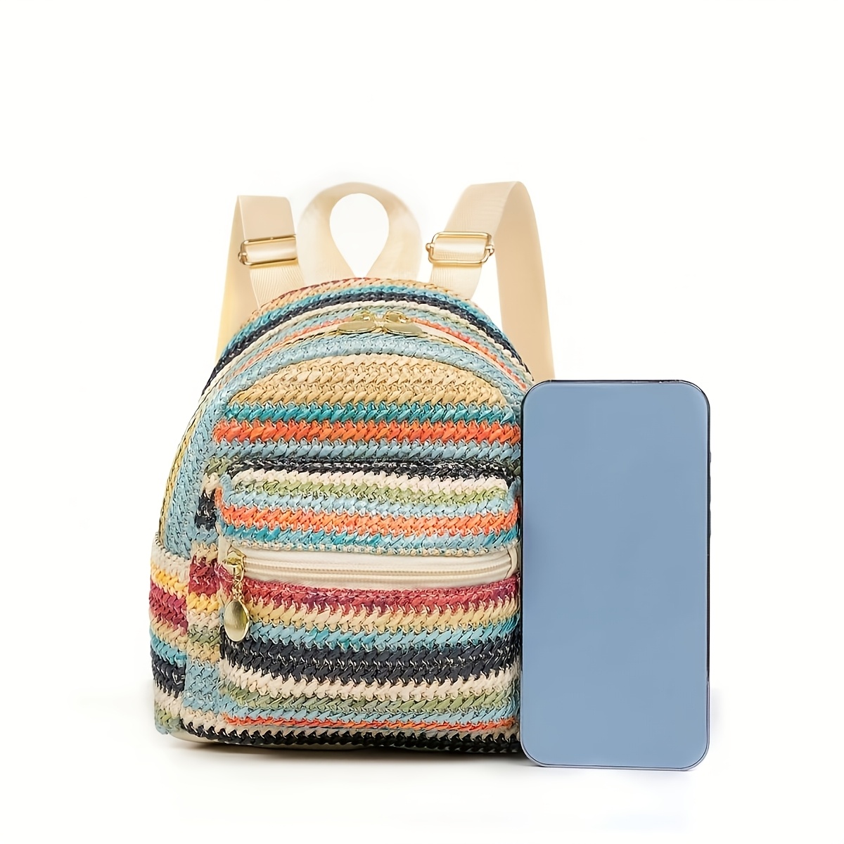 (Random stripes)Embroidery Customization Mini Woven Straw Backpack, Boho  Style Contrast Pattern Woven Backpack, Multifunctional Casual Dayp