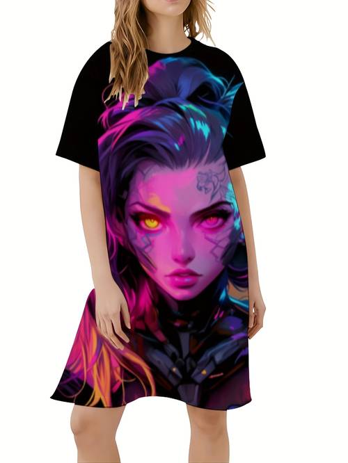 womens casual short sleeve graphic print dress soft breathable stretchy fabric elastic waist length round neck machine washable wear versatile fashion vibrant illustration comfortable fashion