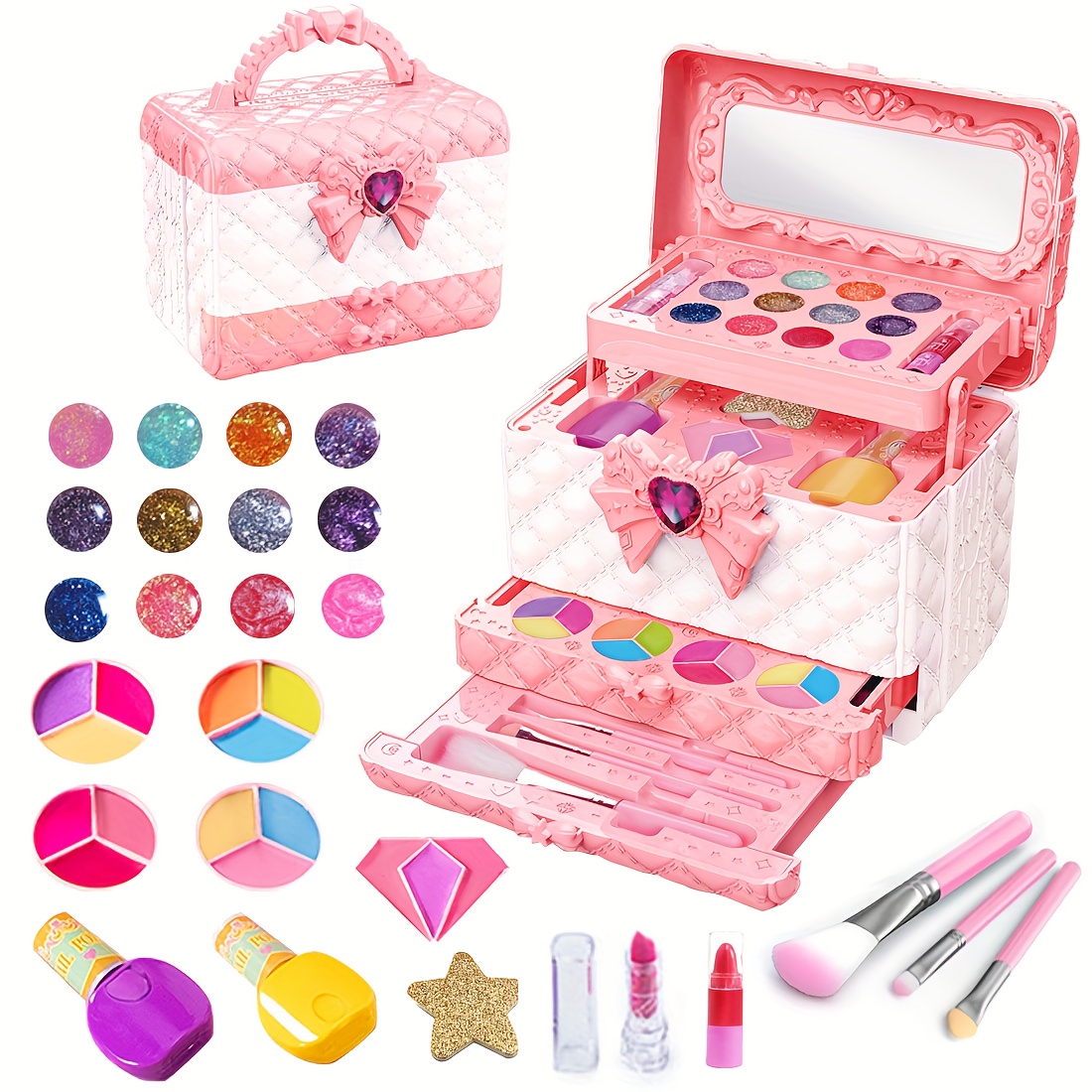 pink quilted cosplay makeup kit for girls real non toxic washable makeup with   brushes and   shades ideal for birthdays easter st patricks day   christmas gifts birthday gift   design durable makeup case makeup organizer 0