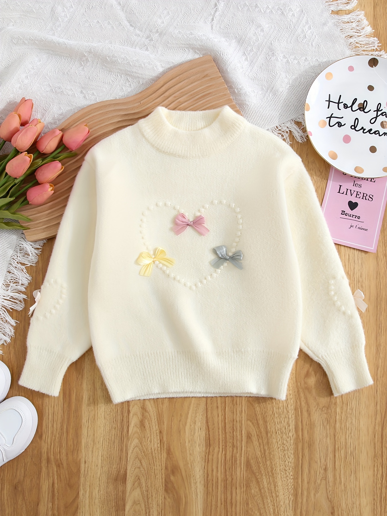 comfy cute bows heart pattern sweater girls versatile casual