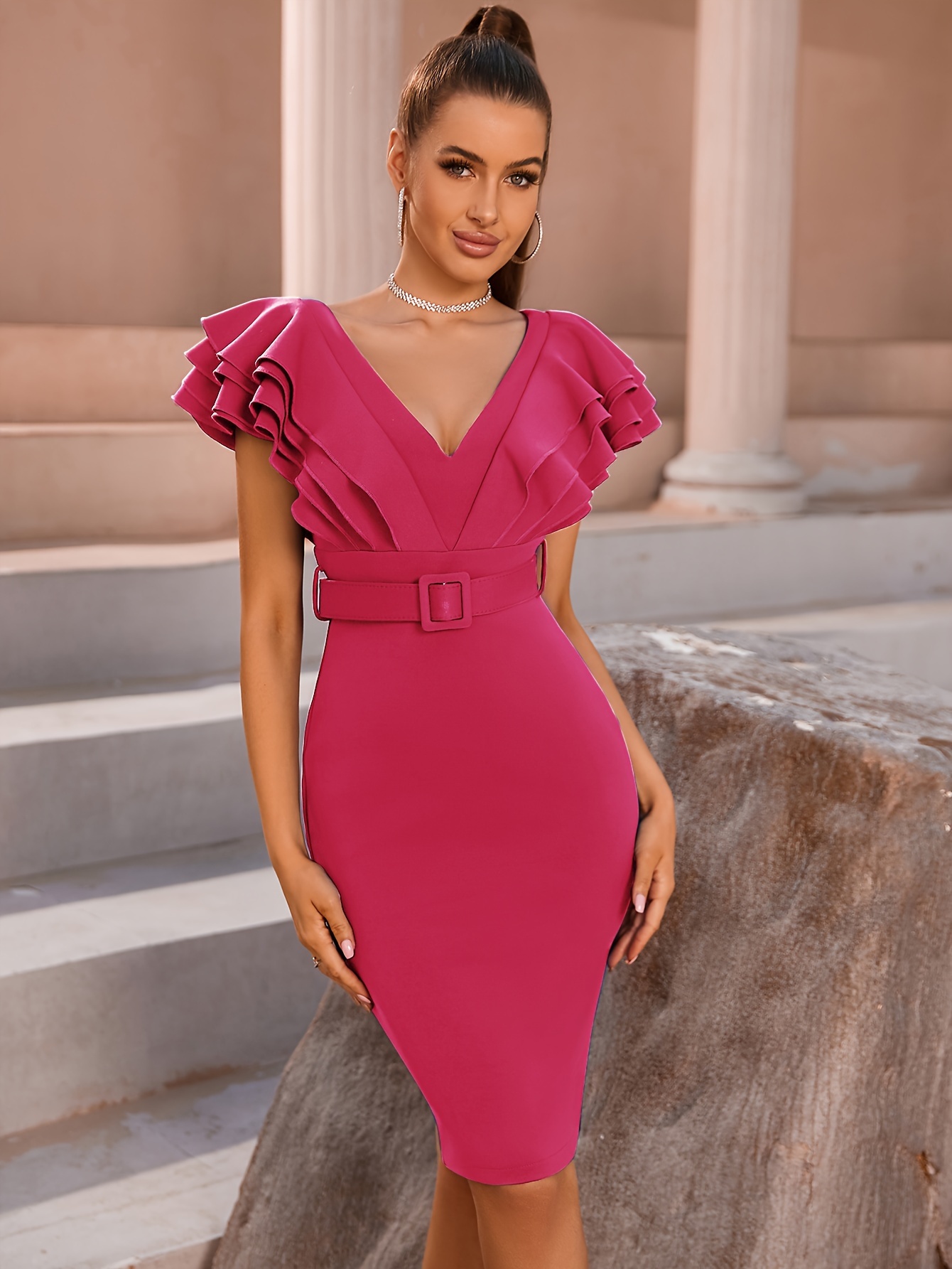 slim fit dress slacks Sparkly High-Low Ruffle Halter Neck Wedding Guest Dress