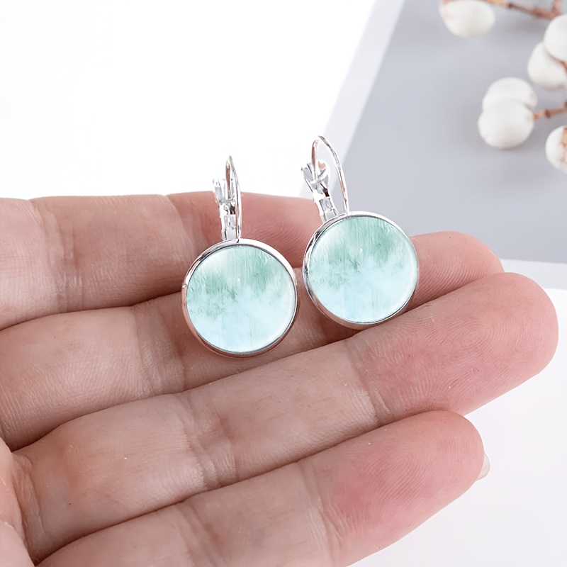 2pc Exquisite White Round Glass Inlaid Earrings with Dreamy Background