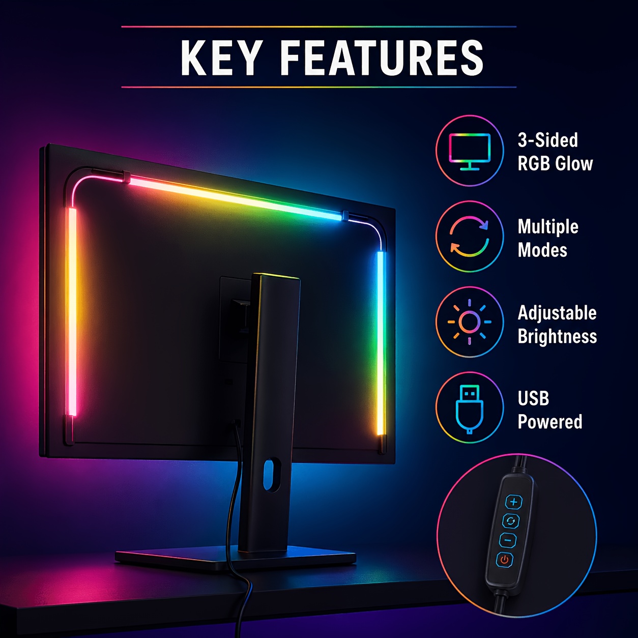 TEMU 24-inch Rgb Vibrant Led Light Strip, 4 Adjustable Lighting Modes, Light String Lamp, Usb-powered Screen Atmosphere Light Strip, Tv-style Display