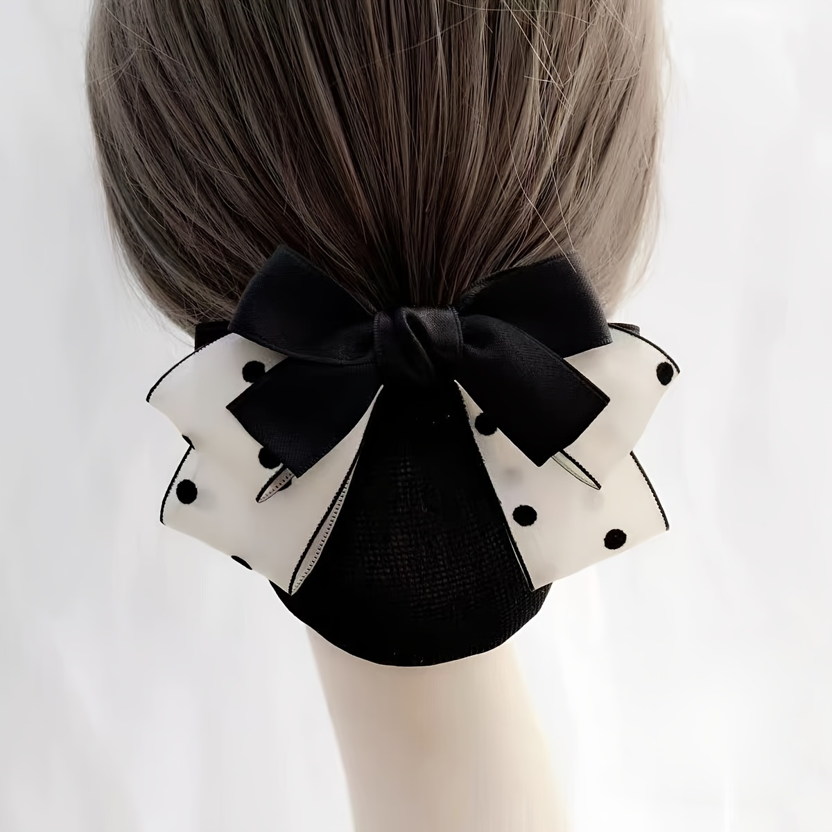 TEMU 白黒ポルカドット ヘアタイ オフィス通勤用バンネット 銀行・看護師の仕事向け万能ヘアアクセサリー