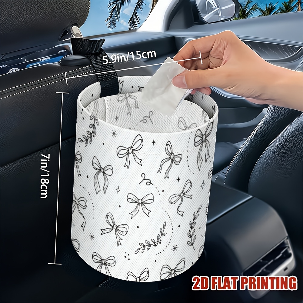 TEMU 1pc Car Trash Can With Light Brown Fine Striped Bow Pattern Print, Adjustable Storage Basket, Made Of Polyester Fiber, Suitable For Kitchen And