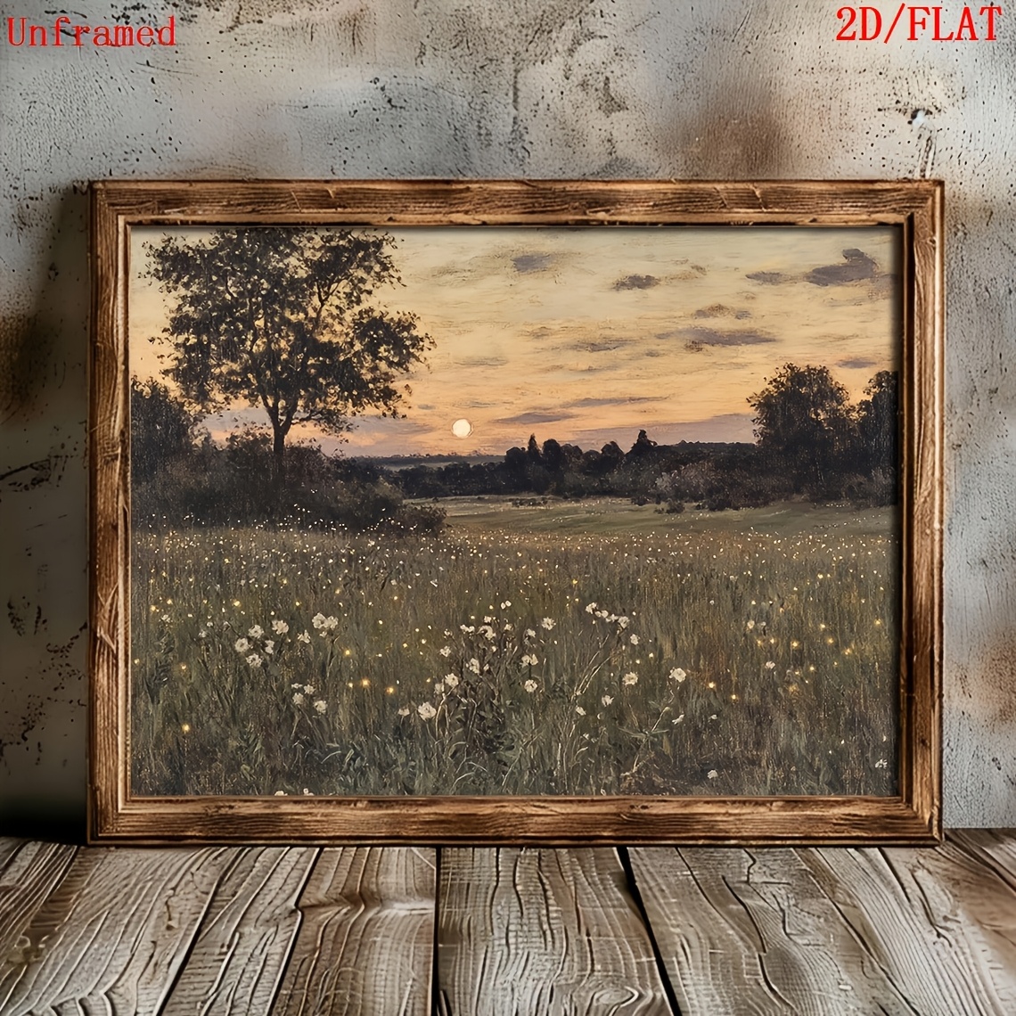 TEMU 2d Flat, 2d Flat, 1pc, Unframed, Wall Art, Vintage Poster, Firefly Field At Art Print, Melancholic Landscape Canvas Painting, Living Room Decor,