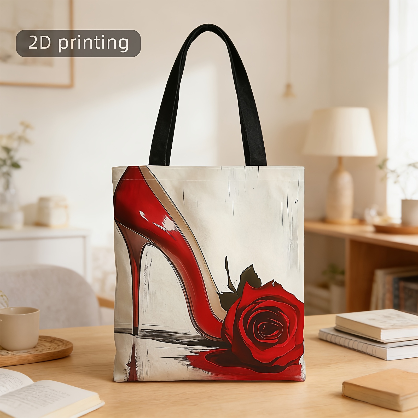 TEMU 1pc, A 2d Printed Tote Bag With A Glossy End In Red Heels And Roses. This Elegant And Stylish Reusable Shoulder Bag Is Perfect For Shopping,