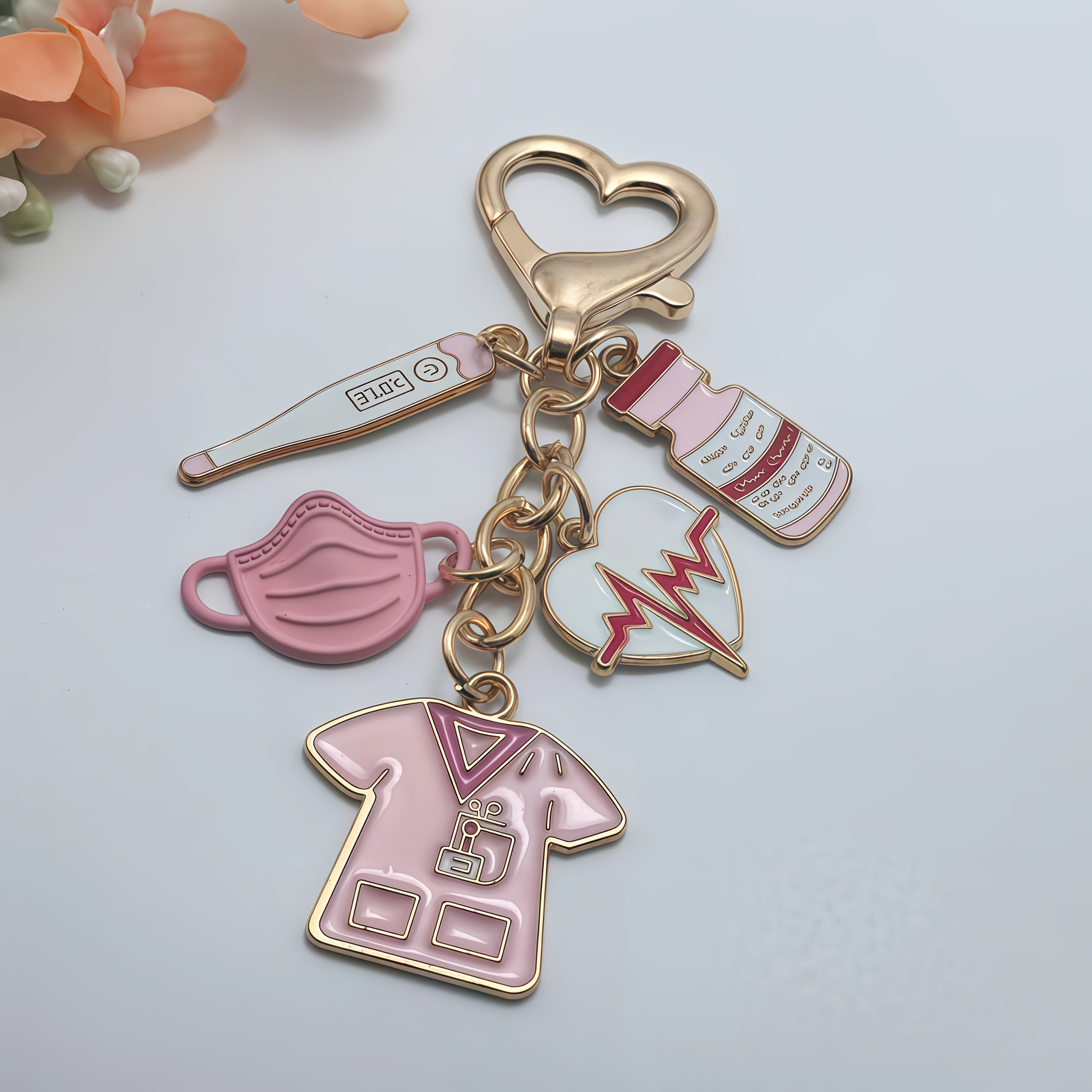 Image of Classic Nurse Cap Thermometer Pill Face Mask Heartbeat Nurse Set Alloy Keychain Ornament Pendant