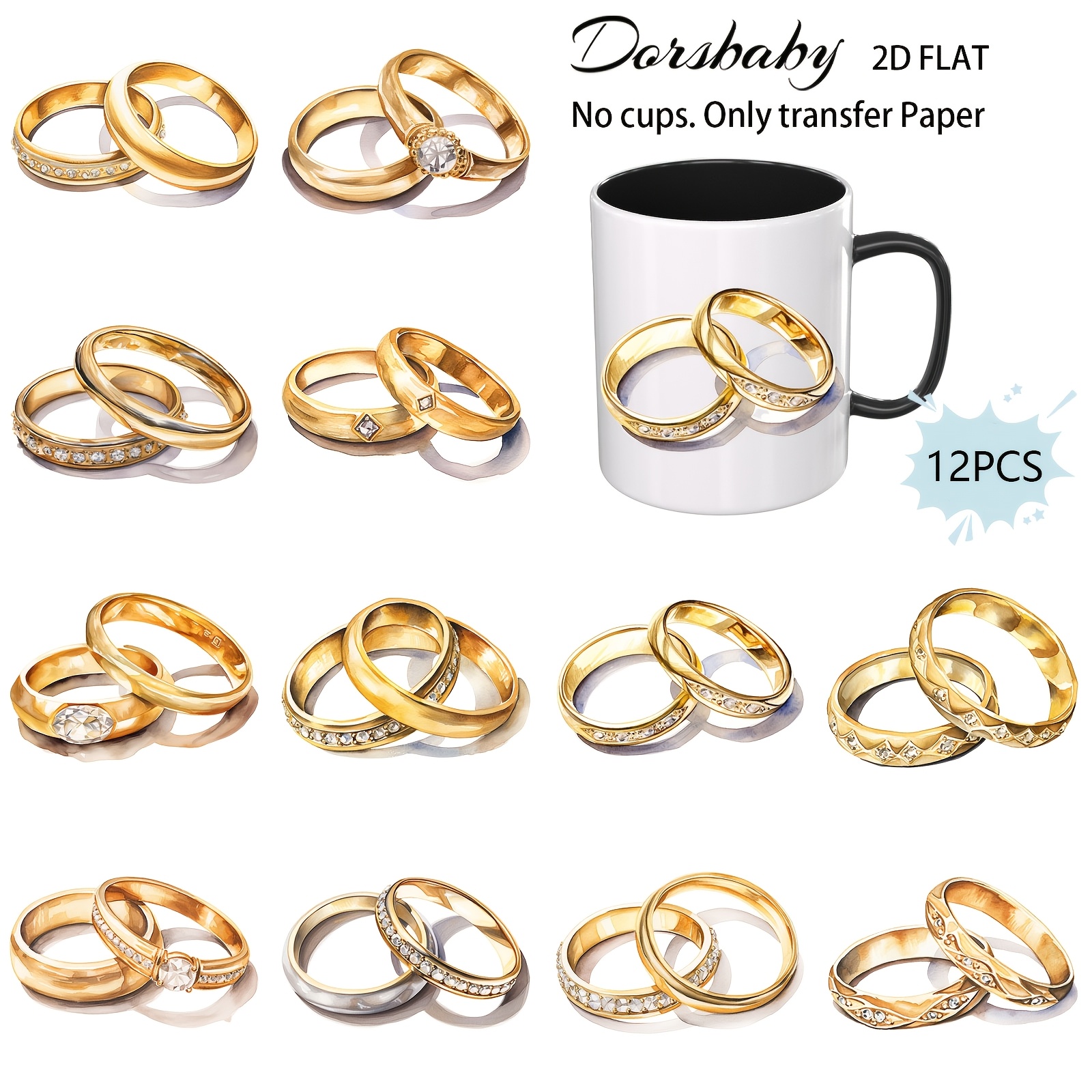 TEMU 12pcs/Set Transfert UV DTF Anneaux de Mariage Dorés pour Tasses & Verres, Transfert Rub-On pour Ordinateurs Portables, Valises & Décoration de